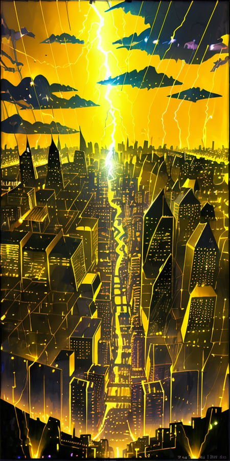 city with a lightnings in the sky, yellow color,     <lora:tarot card 512x1024:0.8>